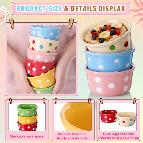 Teecyhooo 6 Pack 6 oz Colorful Ice Cream Ceramic Bowls Ceramic Ramekins Oven Safe Small Dessert Cups Porcelain Baking Cups Single Mini Bowls for Personal Pudding Souffle Serving Dip
