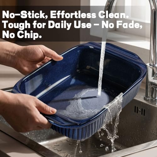 Artena Casserole Dishes For Oven, Ceramic Baking Dish, Large Lasagna Pan With Handles, Baking Pan Casserole Dish, Rectangular Bakeware Deep, Set Of 3 (5.1Qt/2.3Qt/1.1Qt) (Blue - Baking Dish With Lids)