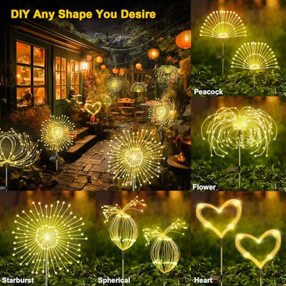 YaaFen Solar Garden Lights Outdoor, 2 Pack 120 LED Twinkling Firework Lights Decorative with 2 Modes, Outdoor Waterproof Solar Starburst Light for Outside Yard Pathway Garden Decor, Warm White