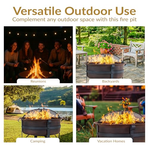 Sunnydaze 29-Inch Cauldron Wood-Burning Outdoor Fire Pit for Patio and Backyard - Round Steel Outside Firepit Bowl with Removable Ash Pan, Spark Screen, and Poker Tool - Dark Bronze Finish