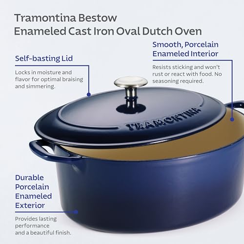 Tramontina Bestow Enameled Cast Iron Oval Dutch Oven Pot with Lid, Large 7-quart, Blue