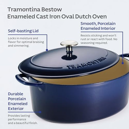 Tramontina Bestow Enameled Cast Iron Oval Dutch Oven Pot with Lid, Large 7-quart, Blue