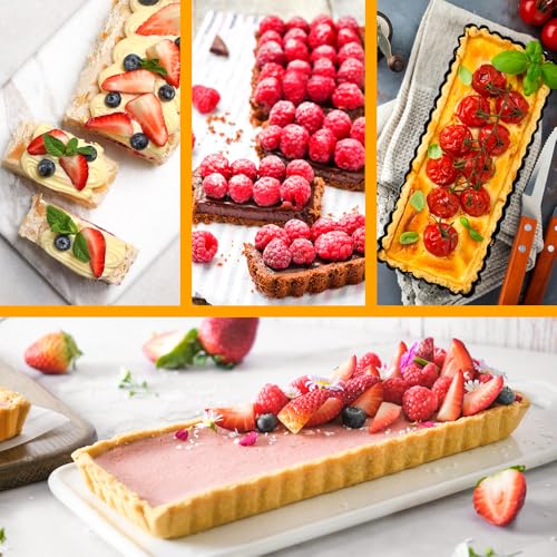 Quyimy Rectangle Tart Pan with Removable Bottom, 14 Inch Perforated Tart Quiche Pan Nonstick Pie Pan with Oil & Dish Brush, Baking Tray with Loose Bottom for Fluted Pies, Quiche,Tart