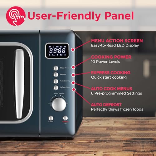 Frigidaire, 0.7 Cu. Ft. Retro Countertop Microwave Oven, 700W Compact Microwave with 8 Auto Cook Menus, Auto Defrost, 5 Power Levels, LED Display, Glass Turntable, Azure-Argent