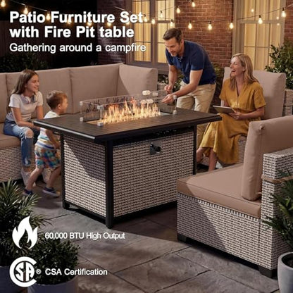SnugVista Patio Furniture Set, 10-Piece Outdoor Sectional Sofa with 60,000 BTU Fire Pit Table & Ottomans, Wicker Patio Conversation Set with Coffee Table, Khaki Cushions