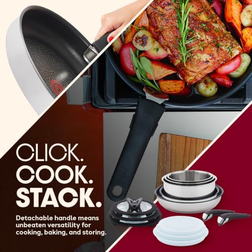 T-fal Ingenio Expertise Stainless Steel Cookware Set 13 Piece, Induction, Stackable Cookware, Pots and Pans Set, RV, Camping, Kitchen Fry Pans, Dishwasher Safe, Detachable/Removable Handle, Silver