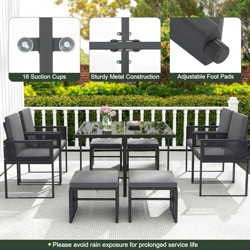 Tangkula 9 Pieces Patio Dining Set, Outdoor Space-Saving Furniture Set with PE Rattan Chairs, Tempered Glass Table and Ottomans, Outdoor Sectional Conversation Set with Cushions for Yard