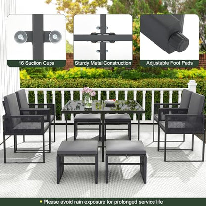 Tangkula 9 Pieces Patio Dining Set, Outdoor Space-Saving Furniture Set with PE Rattan Chairs, Tempered Glass Table and Ottomans, Outdoor Sectional Conversation Set with Cushions for Yard