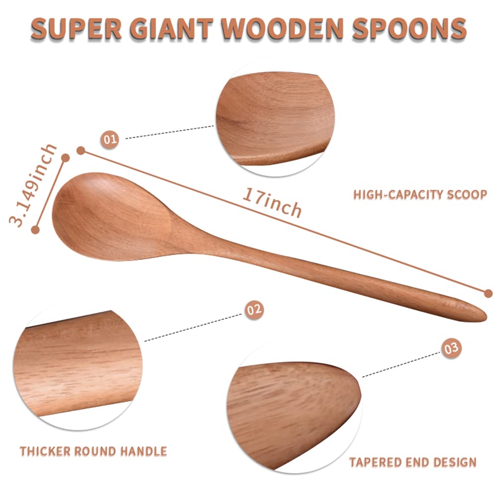 Big Wooden Spoon for Cooking, Large Wood Scoop Utensil, 17-inch Kitchen Serving Scoop for Big Pot, Long Handle Giant Heavy Food Service Mixing Spoons, Smooth Finish Comfortable Grip