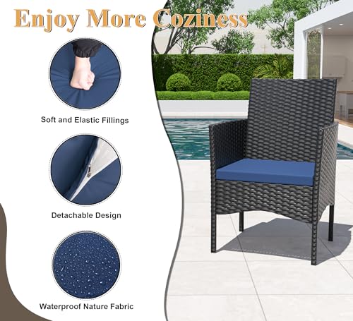 ASJMR 4 Piece Patio Rattan Conversation Set, Outdoor Rattan Chair Wicker Furniture Set, Couple Seats and Tempered Glass Table,Comfort Seat for Patio, Pool or Backyard, Navy