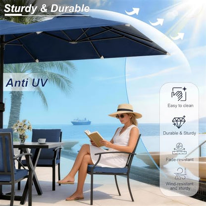 ASJMR 10 Piece Outdoor Dining Table and Chairs for 8, Rectangular Patio Dining Table with 14 Ft Patio Umbrella with 8 Fixed Dining Chairs with Cushions, Lawn Garden Outdoor Table and Chairs-Navy