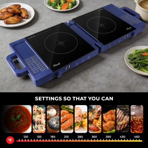 Rosewill Foldable Dual Induction Cooktop Burner, 1800W Portable Double Burner with 8 Cooking Modes & 9-Hour Timer, Auto Shutoff, Electric Stove for Home, Dorms, RVs, Small Kitchen - Blue