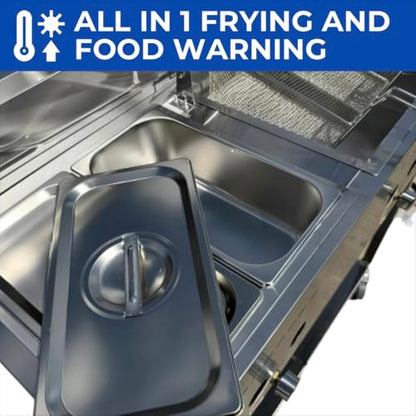 Deep Fryer Cart | 3 Gallon Single Tank | 2 Frying Baskets | 2 Pan Steam Table | Portable 4 Wheel | Stainless Steel | Frying Thermometer | Outdoor Propane Fryer for Chicken, Fish, & More
