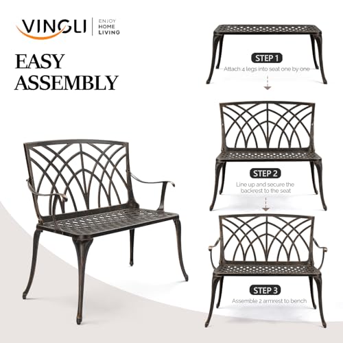VINGLI 38" Outdoor Metal Bench, Cast Aluminium Garden Bench, Weatherproof Antique Finish Orchid Chair, 1-2 Person Seat Deck Furniture for Porch Entryway Patio (Brown)