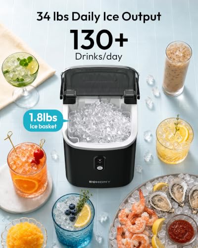 EUHOMY Nugget Ice Maker Countertop with Handle, Ready in 6 Mins, 34lbs Per Day, Removable Top Cover, Auto-Cleaning, Portable Sonic Ice Maker with Basket and Scoop, for Home/Party/RV/Camping (Black)