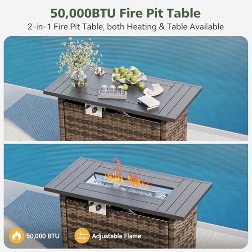 Aoxun 11 Piece Outdoor Patio Furniture Set with 44'' Fire Pit Table, Wicker Rattan Outdoor Furniture with High Back Swivel Rocker Chairs, Outdoor Sofa Set with Thick Cushion & Side Table, Black