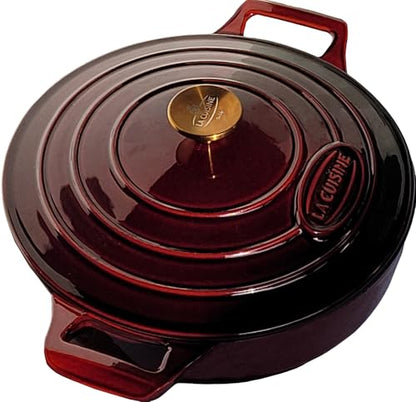 La Cuisine Enameled Cast Iron Braiser Shallow Dutch Oven Braising Sauté Pan 3.75 QT 11" Dia. Internal Matt Black Enamel Coating, Cranberry, Golden Lid Knob, Oven Safe, Induction Cooktop Compatible