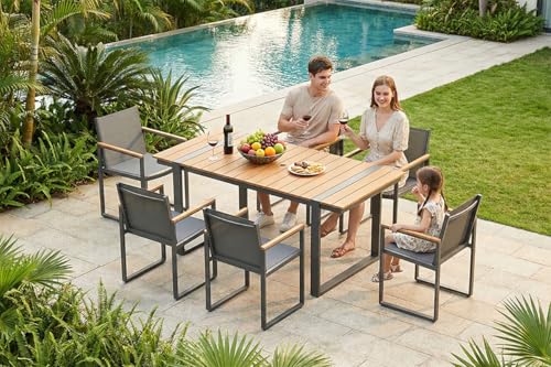 Oasbira Outdoor Dining Set, HDPS + Aluminum Patio Table and Chairs Set with U-Shaped Base, 7 Piece Outdoor Furniture Set with Umbrella Hole, Patio Dining Table Set for Garden, Backyard (Gray-Teak)