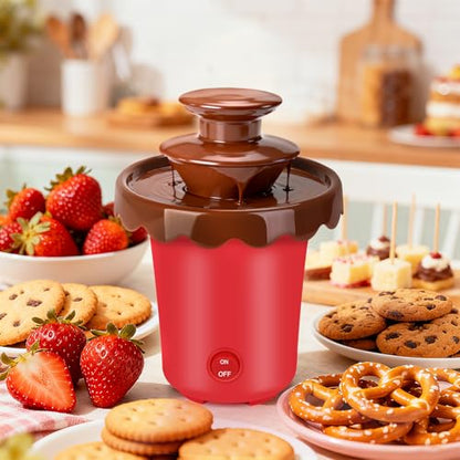 5oz Mini Chocolate Fountain with 10Forks,2-Tier Mini Chocolate Dipping Machine for Use with Chocolate Syrup Only, fit for Parties,Daily Use, Powered by 4 x C Batteries(Not Included) (Red)