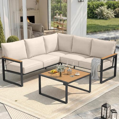 COMLAX FIELD Metal Patio Furniture Set, 6 Pieces Outdoor Sectional Sofa Set with Side Table, L Shape Patio Conversation Set with Faux-Wood Tabletop, Outdoor Couch for Balcony, Porch, Backyard,Beige