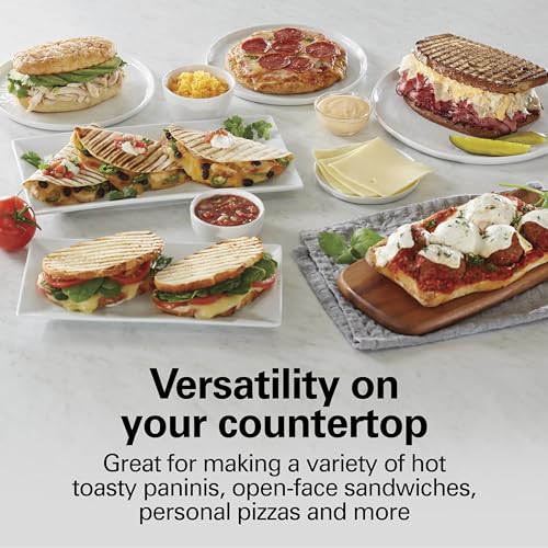 Hamilton Beach Panini Press Sandwich Maker & Electric Indoor Grill with Locking Lid, Opens Wide to Fit Any Thickness for Quesadillas, Burgers & More, Nonstick 8" x 10" Grids, Chrome (25460MNA)