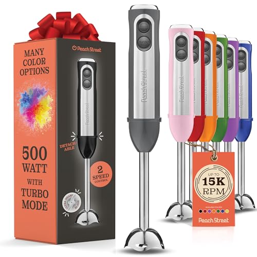 Powerful Immersion Blender, Electric Hand Blender 500 Watt with Turbo Mode, Detachable Base. Handheld Kitchen Blender Stick for Soup, Smoothie, Puree, Baby Food, 304 Stainless Steel Blades (Grey)