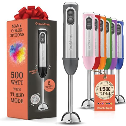 Powerful Immersion Blender, Electric Hand Blender 500 Watt with Turbo Mode, Detachable Base. Handheld Kitchen Blender Stick for Soup, Smoothie, Puree, Baby Food, 304 Stainless Steel Blades (Grey)