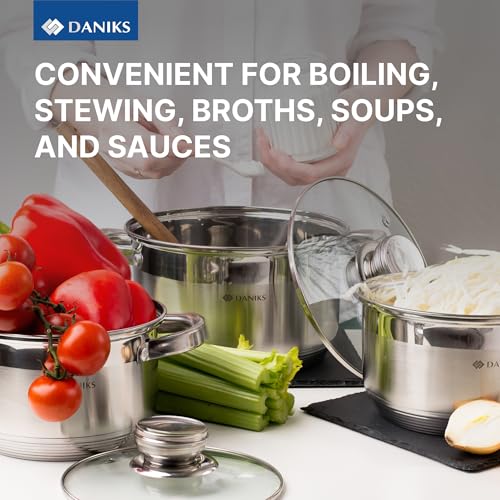Daniks Standard 6-Piece Stainless Steel Cookware set with Glass Lid, Tri-Ply Bases for Even Heating, Induction Compatible, Dishwasher Safe, Built-In Measuring Scale, Silver
