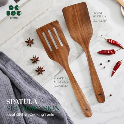 Bkiok Wooden Spatulas for Cooking, Teak Turner & Slotted Spatula Set for Nonstick Pans, Comfortable Grip Wooden Cooking Spatula (2Pcs)