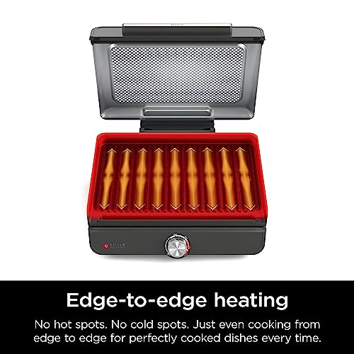 Ninja GR101 Sizzle Smokeless Indoor Grill & Griddle, 14′′ Interchangeable Nonstick Plates, Dishwasher-Safe Removable Mesh Lid, 500F Max Heat, Even Edge-to-Edge Cooking, Grey/Silver (Renewed)