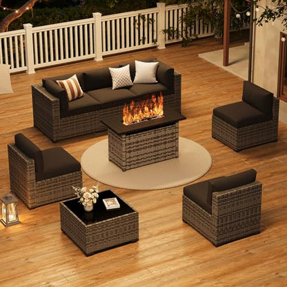 8-Piece Wicker Outdoor Patio Furniture Set with 44" Fire Pit Table