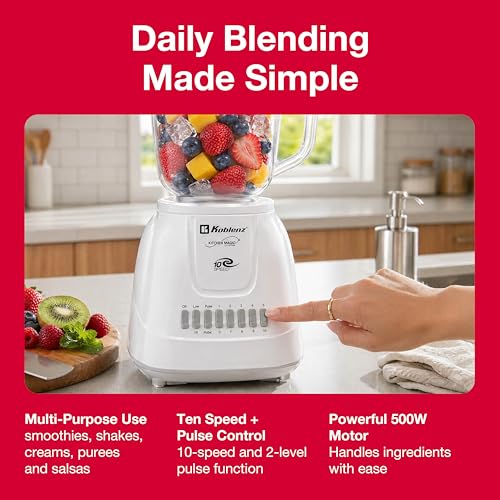 Koblenz LKM-5910 VB Glass Blender, 51 oz Countertop, 500W Motor, 10 Speed + 2 Pulse, Stainless Steel Blades, Metal Coupling, Blender for Smoothies and Shakes, White