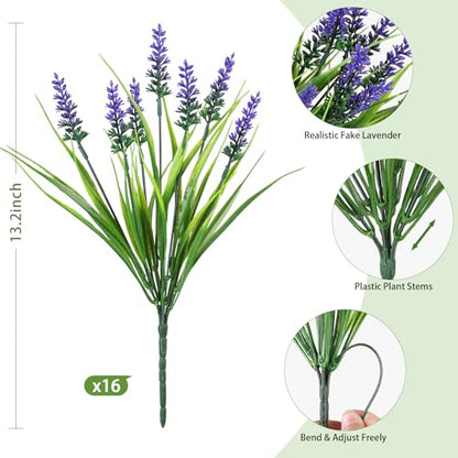 AmberFun 16 Bundles Artificial Plants Outdoor, UV Resistant Fake Lavender & Monkey Grass, Realistic Plastic Faux Plants for Balcony, Patio, Porch Greenery Decor, Planter Filler(Purple)