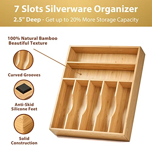 Umilife Bamboo Kitchen Drawer Organizer, 13 Inch Silverware Utensil Tray Holder, Extra Deep Grooved Drawer Divider, 7 Slots Total Bamboo Wood Caddy for Flatware Cutlery Knives, Forks, Spoons