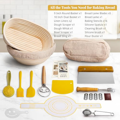 Sourdough Starter Kit, Banneton Bread Proofing Baskets Set, Sourdough Bread Baking Supplies Making Tools with Dough Scraper, Whisk, Bread Lame, Recipe