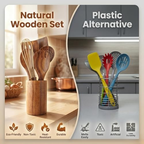 10 Pcs Wooden Utensil Set, 100% Natural Teak Wood Cooking Utensils with Spatula, Turner, Spoon Rest & Holder, Heat Resistant, Lightweight Wooden Spoons for Cooking, Safe for Nonstick Cookware