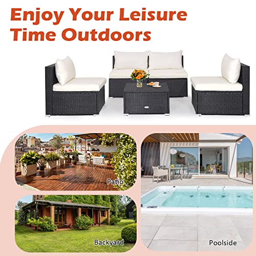 Tangkula 5-Piece Outdoor Patio Furniture Set, Patiojoy PE Wicker Conversation Set with Cushions and Coffee Table, Patio Sectional Sofa Furniture Set for Garden, Poolside, Backyard (Off White)