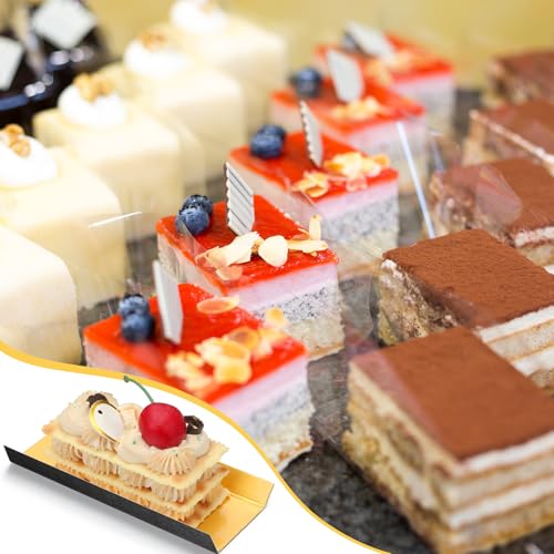 MotiMind 200 Pcs Mini Rectangular Foldable Paper Cardboard Cake Board Plates Bulk Mini Mousse Cake Bases Cardboards for Dessert Pastry Display Trays (Gold,Black)