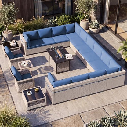 SnugVista Patio Furniture Set, 18-Piece Outdoor Sectional Sofa with Swivel Rocker Chairs & Fire Pit Table, Wicker Patio Conversation Set with Coffee Table, Blue Cushions