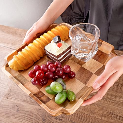 Wood Serving Trays - Set of 2 Square Serving Platters, Wooden Decorative Board Charcuterie Boards for Serving Breakfast Dinner Appetizers Coffee BBQ Party (1 x 9.6 in, 1 x 7.8 in)