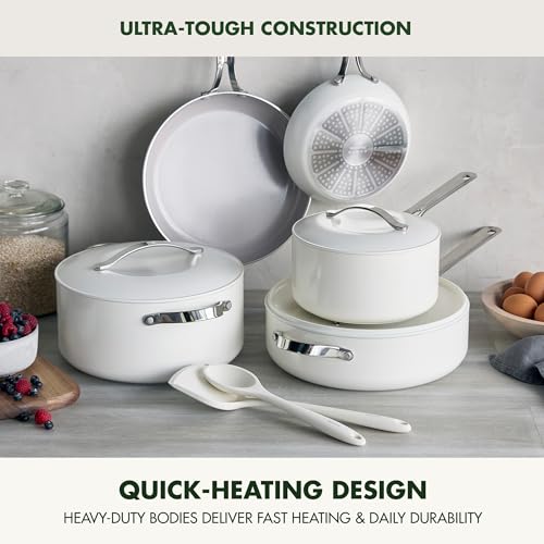 GreenPan Nova 10-Piece Cookware Pots & Pans Set, Oprah’s Favorite Things 2024, PFAS-Free Ceramic Nonstick, Fry, Sauté, Stockpot, Utensils, Lids, Induction Suitable, Dishwasher & Oven Safe, Cream White