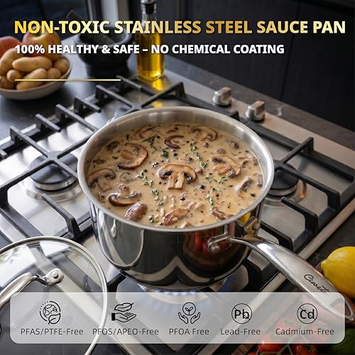 Ciwete 3 Qt Stainless Steel Saucepan with Glass Strainer Lid, 3 Quart Pot Stainless Steel Sauce Pan with Pour Spout, Mirror Polishing, Compatible with All Cooktops Dishwasher Safe Oven Safe