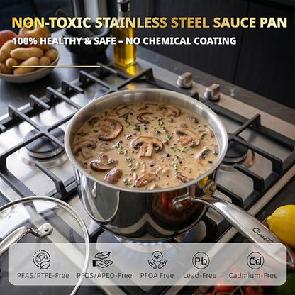 Ciwete 2 Qt Stainless Steel Saucepan with Glass Strainer Lid, 2 Quart Pot Stainless Steel Sauce Pan with Pour Spout, Mirror Polishing, Compatible with All Cooktops Dishwasher Safe Oven Safe