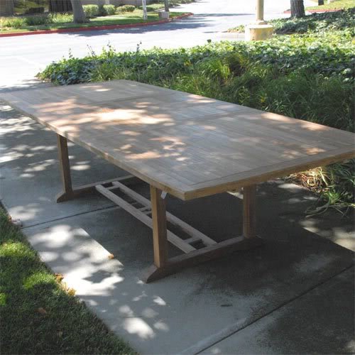 Bayview Patio New 11pc Indonesian Grade-A Teak Outdoor Dining Set- Extra Thick Rectangle Double Extension Table 118x40 + 10 Java Teak Stacking Dining Chairs. Fine Sanded Natural Finish