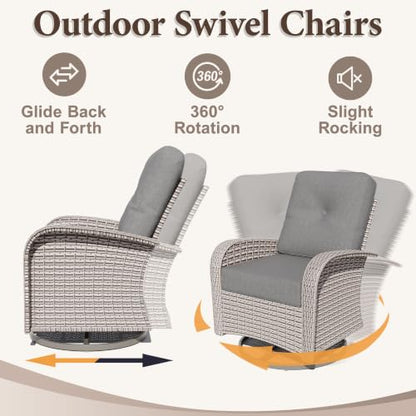 Aukreolis 10 Pieces Patio Furniture Set with Fire Pit Table, Outdoor Sectional Wicker Sofa with Thick Cushions, High Back Swivel Rocker Patio Chairs, Rattan Conversation Set with Coffee Table, Grey