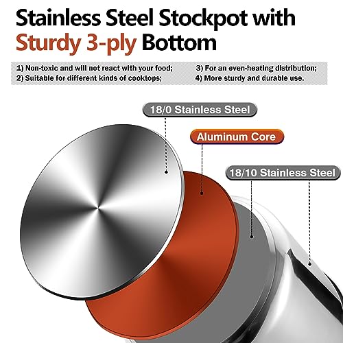 P&P CHEF 8 Quart Stainless Steel Stock Pot with Lid, Large Stockpot for Cooking Pasta Soup, Cookware for Induction Gas Electric Stoves, Visible Lid & Measuring Markings, Dishwasher Safe