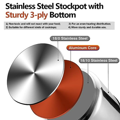 P&P CHEF 8 Quart Stainless Steel Stock Pot with Lid, Large Stockpot for Cooking Pasta Soup, Cookware for Induction Gas Electric Stoves, Visible Lid & Measuring Markings, Dishwasher Safe