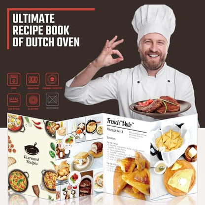 Overmont 2-in-1 Cast Iron Dutch Oven - 7QT Pre-Seasoned All-in-One Casserole Braising Pan with Skillet Lid Cookbook & Silicone Handle Covers - Heavy Duty Oven-Safe Pot for Sourdough Baking Frying Camping