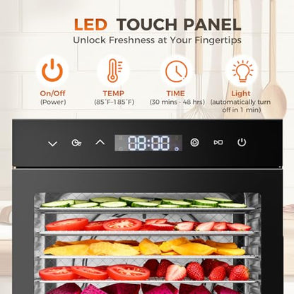 OLIXIS Food Dehydrator Machine, 500W Jerky Dehydrators with 8 Stainless Steel Large Trays, 185°F Temperature Control & 24H Timer Food Dryer for Fruit Meat Herb Dog Treats, Black