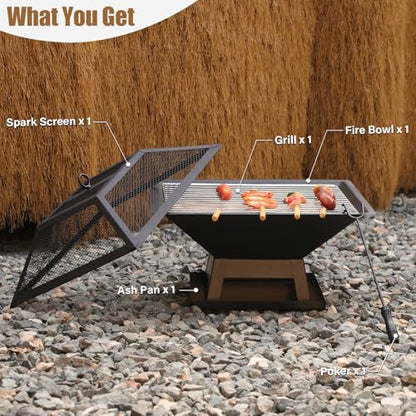 Quilushey 19.8inch Portable Small Fire Pit with a Removable Ash Pan, Fire Poker, Mesh Lid, 2 in 1 Square Outdoor Fireplace for BBQ, Outside Heating, Bonfire Party, Camping, Backyard, Patio, RV Trip